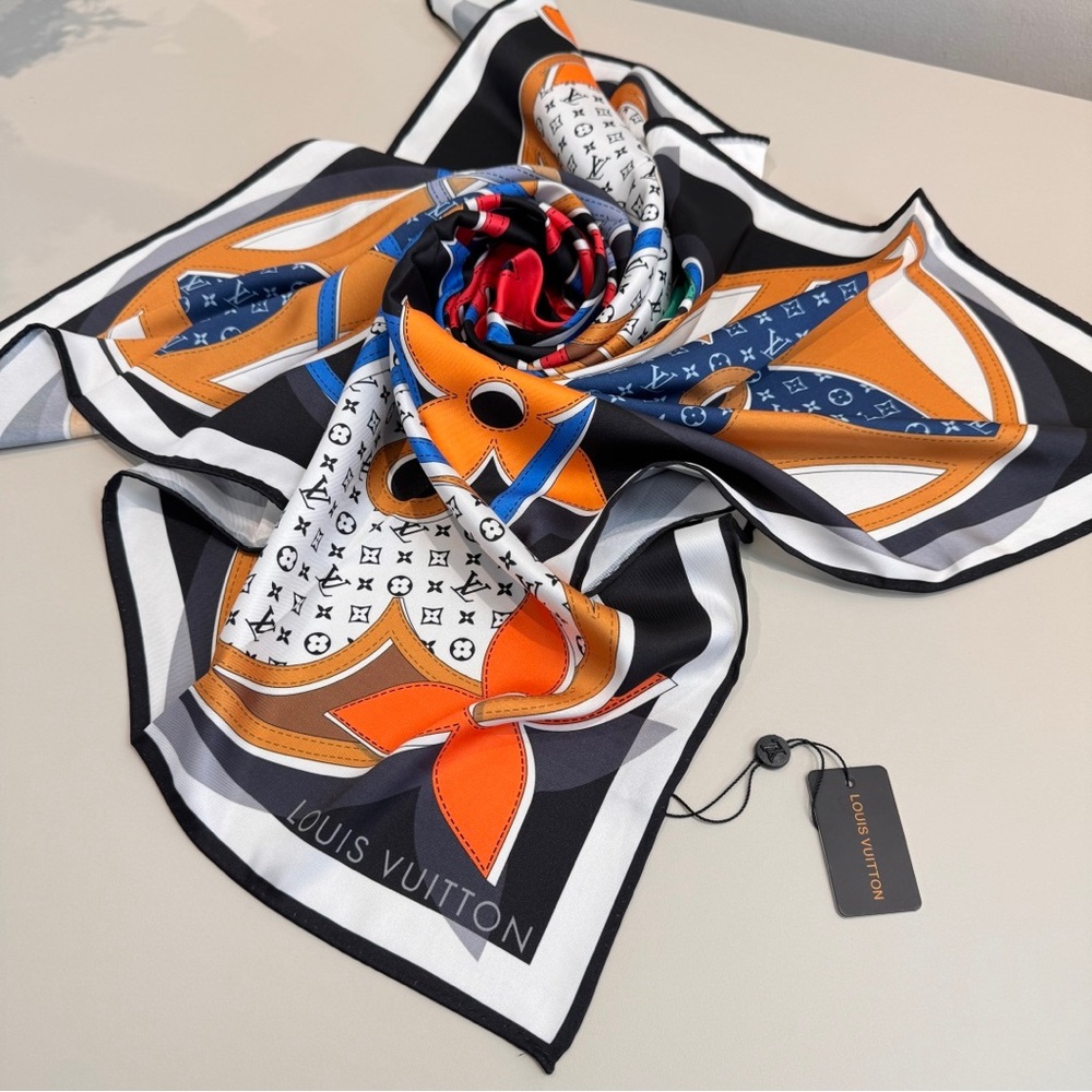 Louis Vuitton Silk Scarf with Bold Orange & Blue Geometric Monogram Print - Picture 6 of 8